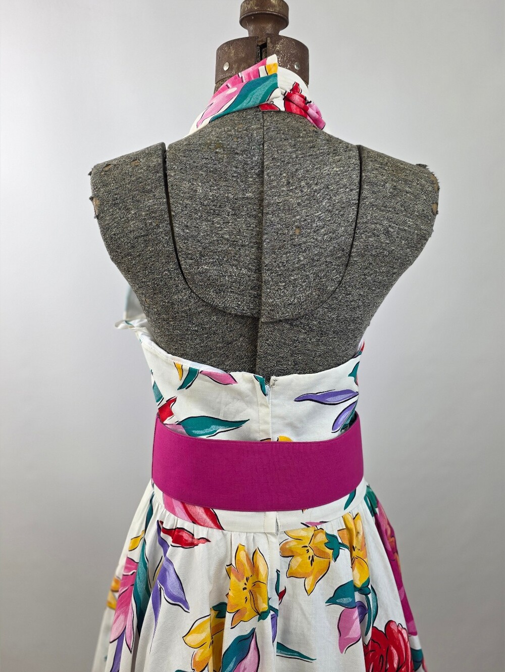 Victor Costa Vintage 80's Women's Belted Floral Cotton Halter Party Sundress 10 - Picture 7 of 10